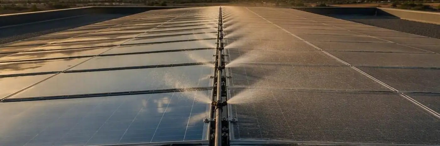 Solar array with a sprinkler manifold misting the panel glass at sunrise