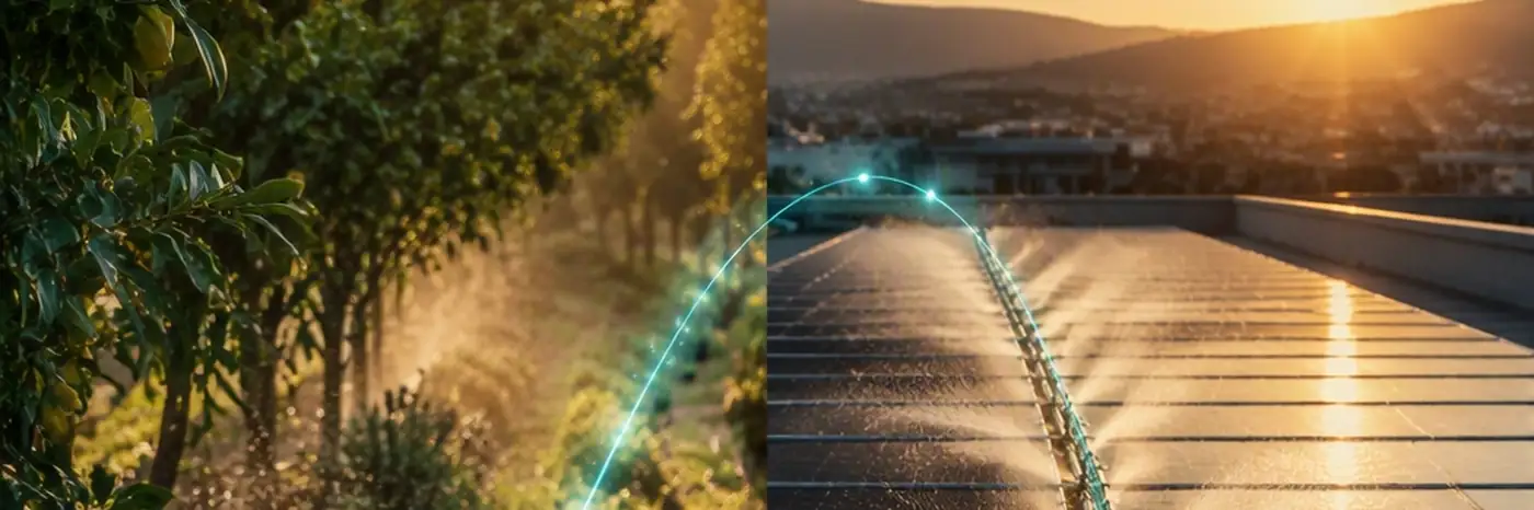 A watered garden on the left, a solar array being rinsed on the right, joined by a light arc